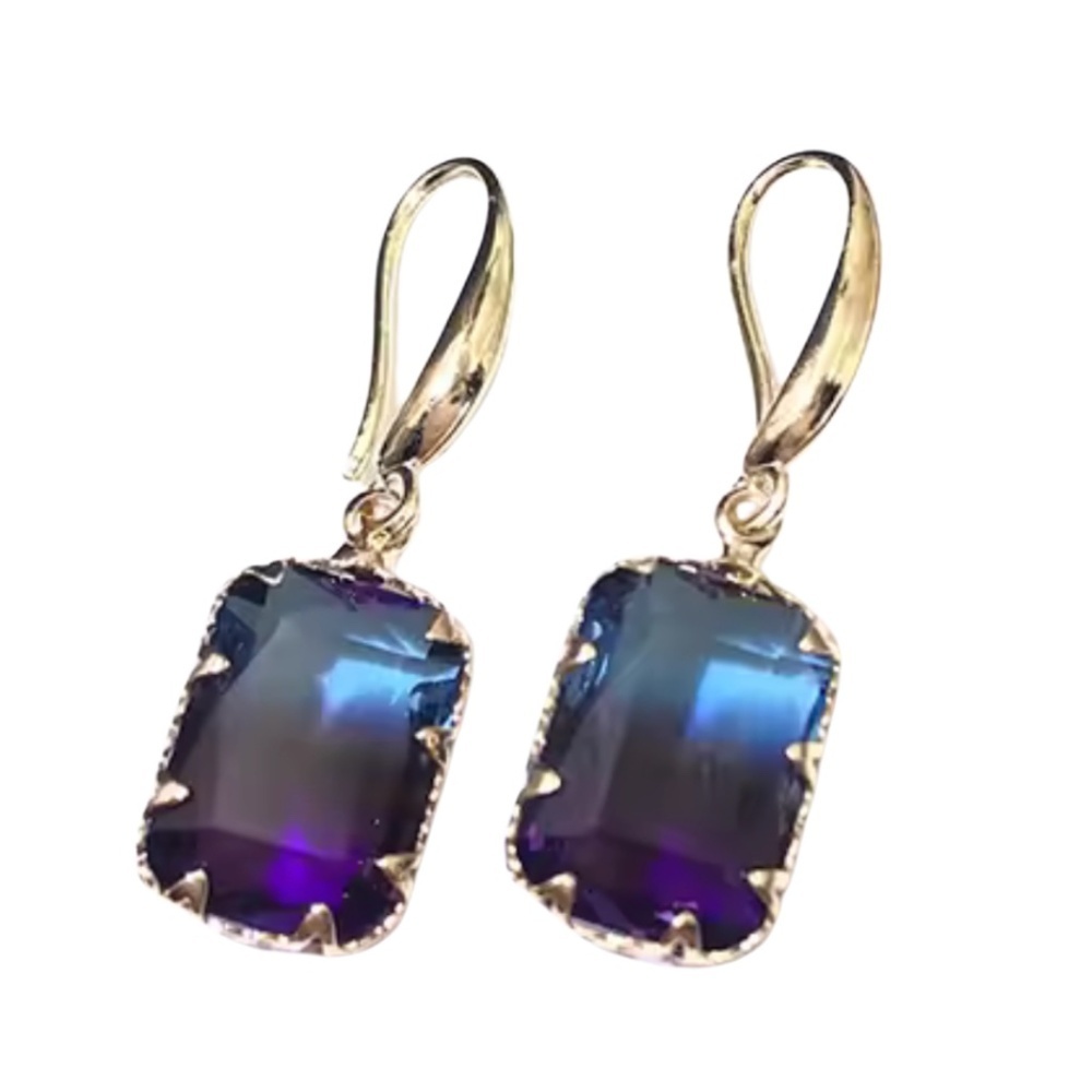 Iridescent Blue Rectangle Drop Earrings – Elegant Gold Leverback Design
